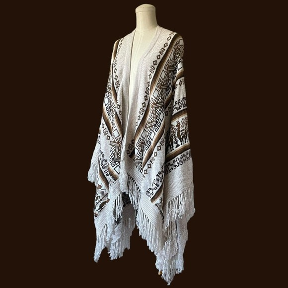 Tan Brown White Alpaca Knit Fringe Large Wrap Oversized Scarf Geometric Ethnic - Picture 4 of 6
